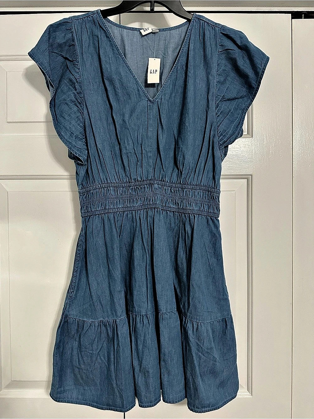 Gap Flutter Sleeve Smocked Denim Mini Dress Blue Large NWT